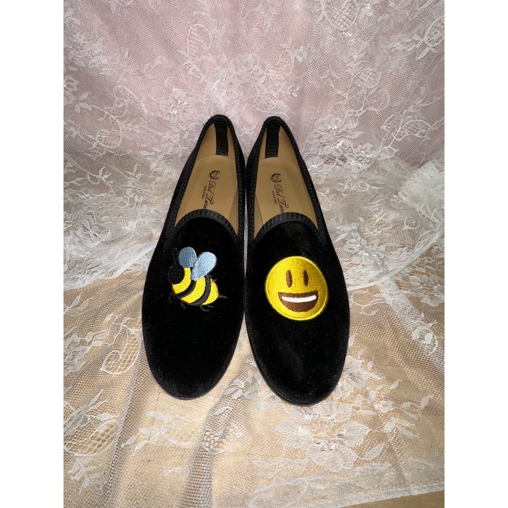 Del Toro Black Velvet Bee Smiley Face Loafers Shoes Womens 10 Made in Italy 554